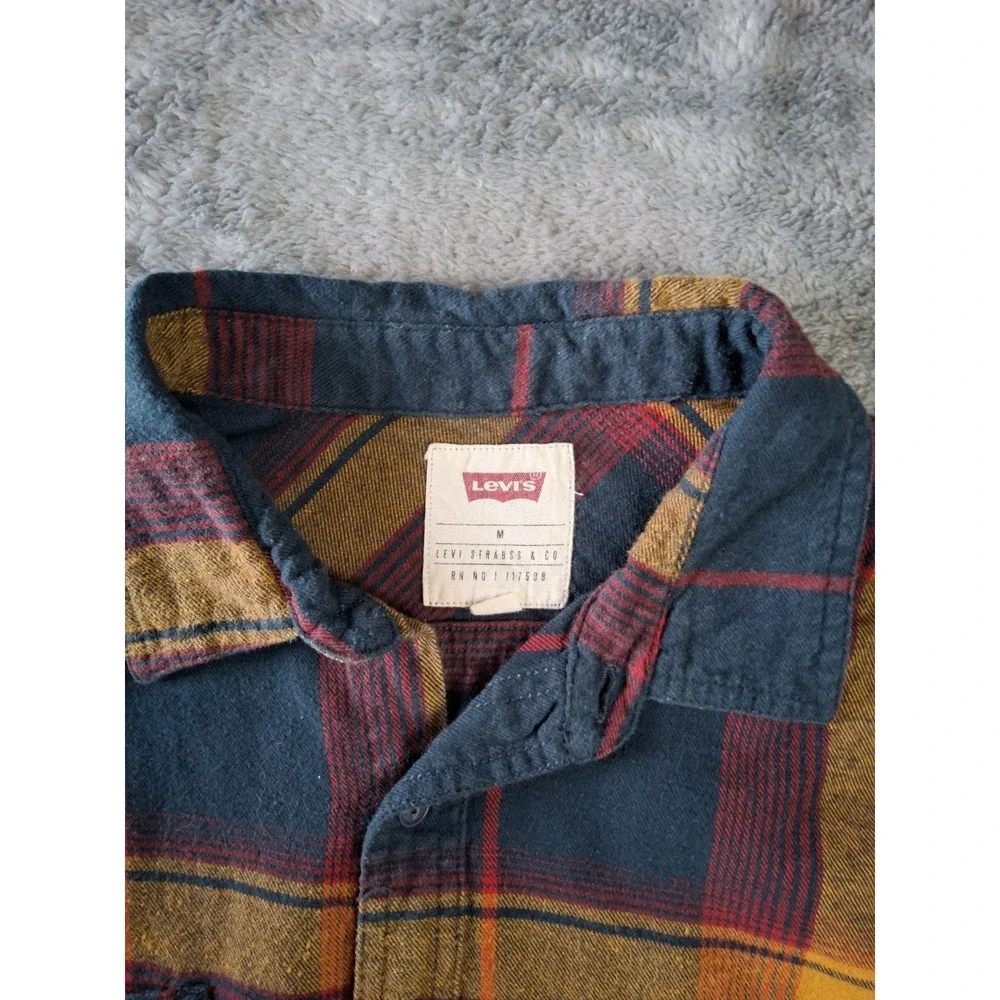 Levis Shirt Mens Medium‎ Red Orane Button Madras Plaid Flannel Long Sleeve